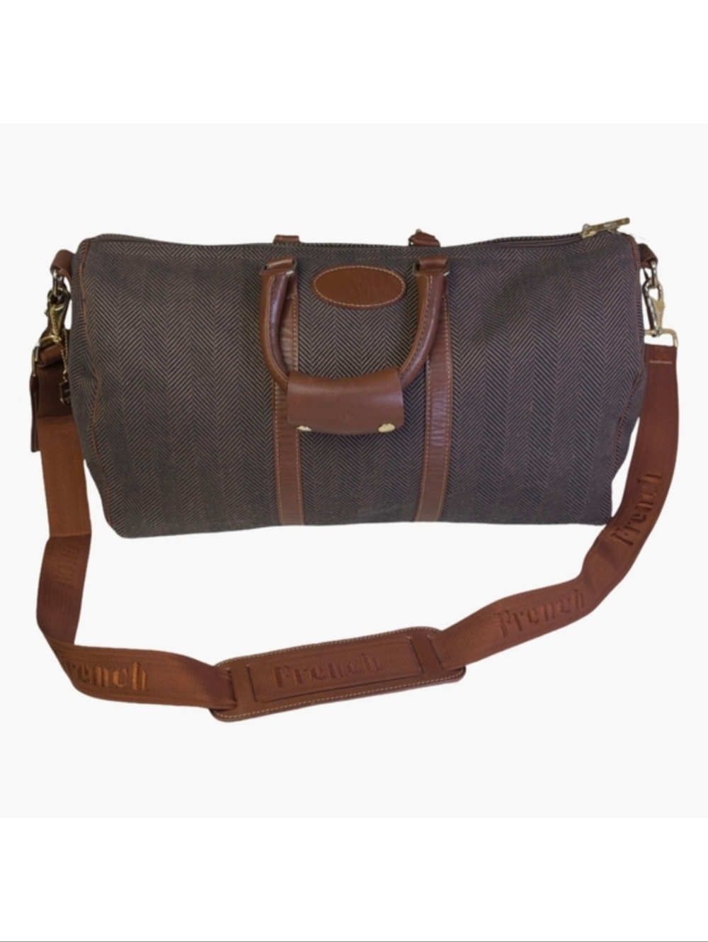 Vintage French Herringbone Wool & Leather Weekender Duffle – Made in USA